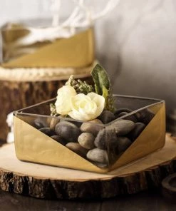 HIER_4810 2 Pack | 6" Gold Dipped Square Glass Vases | Votive Candle Holders