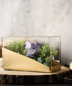 HIER_4810 2 Pack | 8" Gold Dipped Rectangle Glass Vases | Votive Candle Holders