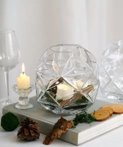 HIER_5200 2 Pack | 7" Honeycomb Glass Geometric Vases | Heavy Duty Glass Candle Holder | Table Top Terrariums Chargers & Centerpieces