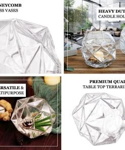 HIER_5200 2 Pack | 7" Honeycomb Glass Geometric Vases | Heavy Duty Glass Candle Holder | Table Top Terrariums Chargers & Centerpieces 21 HIER_5200 2 Pack | 7