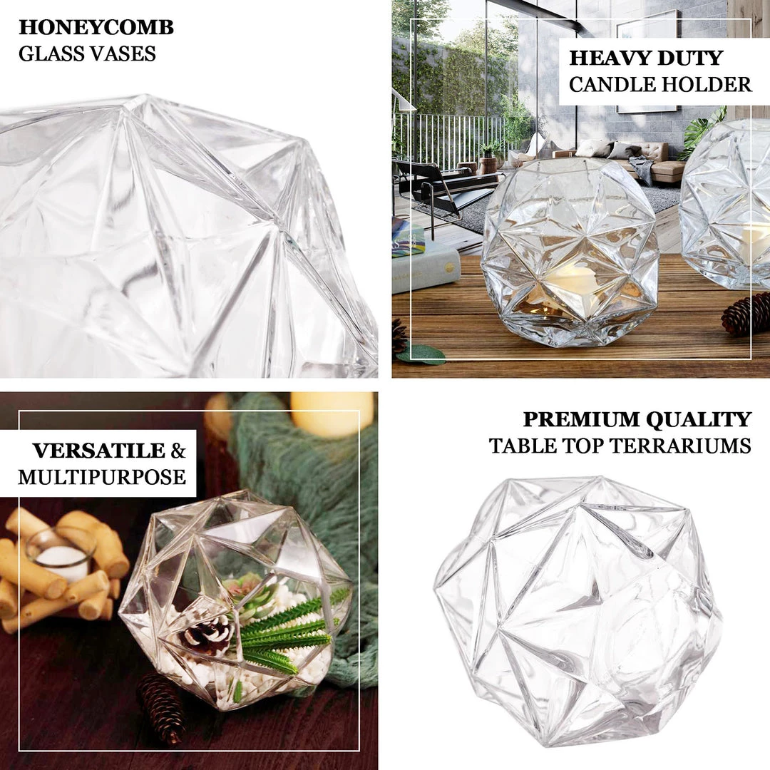 HIER_5200 2 Pack | 7" Honeycomb Glass Geometric Vases | Heavy Duty Glass Candle Holder | Table Top Terrariums Chargers & Centerpieces 4 HIER_5200 2 Pack | 7" Honeycomb Glass Geometric Vases | Heavy Duty Glass Candle Holder | Table Top Terrariums Chargers & Centerpieces