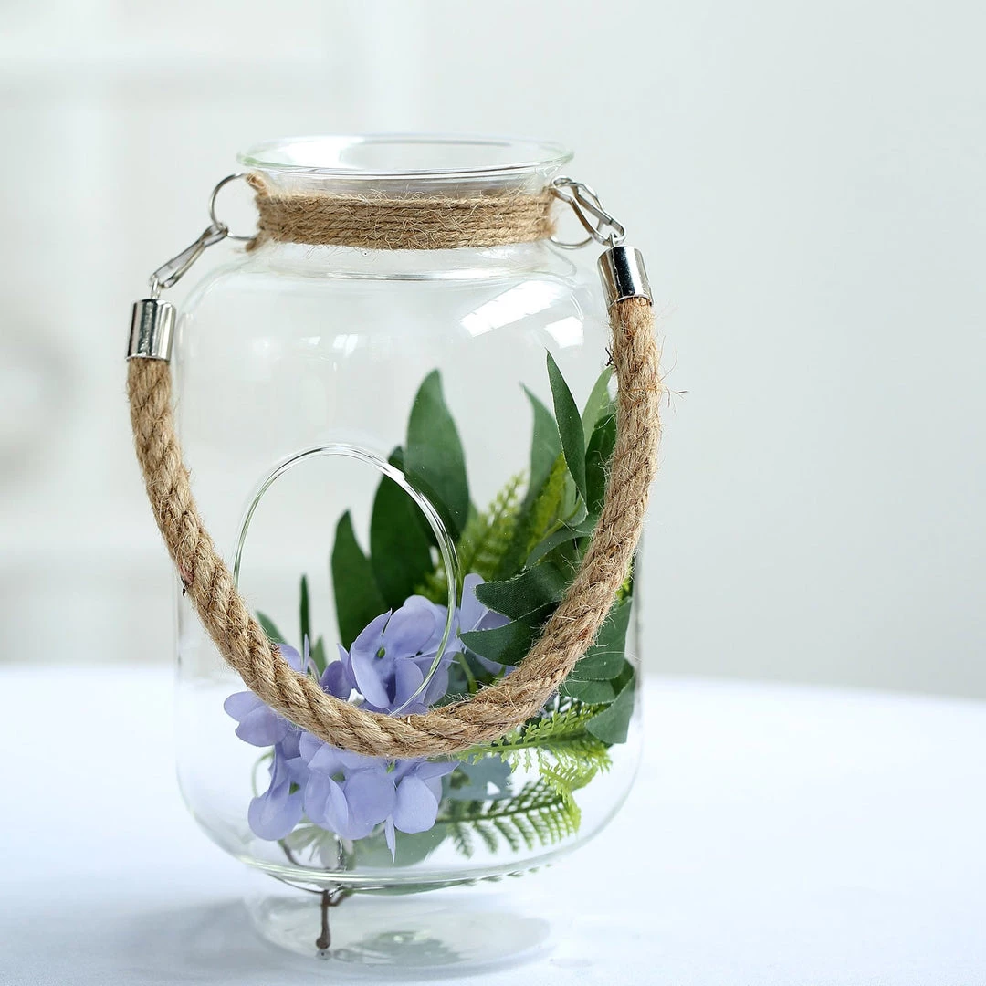 HIER_3300 2 Pack | 16" Clear Glass Vase Jar With Twine Rope Handle | DIY Hanging Glass Terrariums Chargers & Centerpieces 2 HIER_3300 2 Pack | 16" Clear Glass Vase Jar With Twine Rope Handle | DIY Hanging Glass Terrariums Chargers & Centerpieces