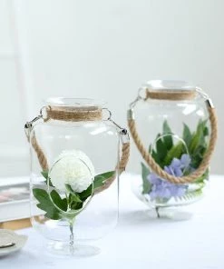 HIER_3300 2 Pack | 16" Clear Glass Vase Jar With Twine Rope Handle | DIY Hanging Glass Terrariums Chargers & Centerpieces 22 HIER_3300 2 Pack | 16