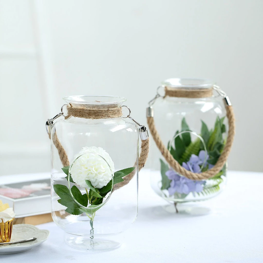 HIER_3300 2 Pack | 16" Clear Glass Vase Jar With Twine Rope Handle | DIY Hanging Glass Terrariums Chargers & Centerpieces 9 HIER_3300 2 Pack | 16" Clear Glass Vase Jar With Twine Rope Handle | DIY Hanging Glass Terrariums Chargers & Centerpieces