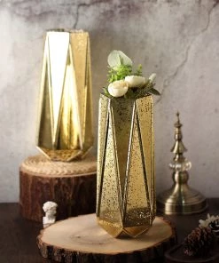 HIER_4810 Chargers & Centerpieces 2 Pack | 11" Gold Mercury Glass Vases | Geometric Vases Flower Centerpieces