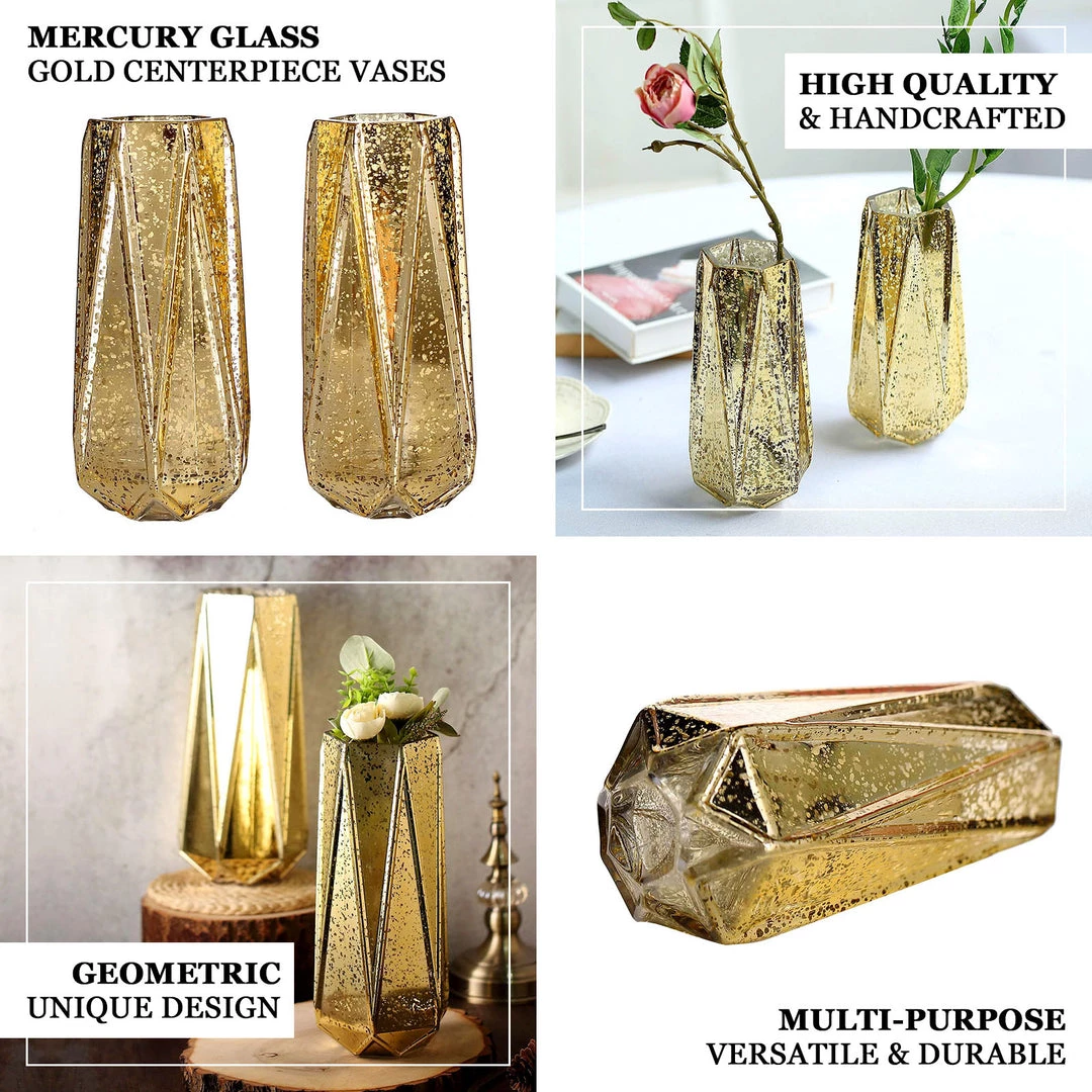 HIER_4810 Chargers & Centerpieces 2 Pack | 11" Gold Mercury Glass Vases | Geometric Vases Flower Centerpieces 4 HIER_4810 Chargers & Centerpieces 2 Pack | 11" Gold Mercury Glass Vases | Geometric Vases Flower Centerpieces