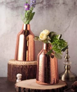 HIER_4810 Chargers & Centerpieces 2 Pack | 9" Rose Gold Mercury Glass Vases | Vessel Shaped Glass Flower Vase Centerpieces