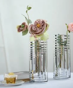 HIER_4810 Chargers & Centerpieces 2 Pack | 11" Silver Striped Cylinder Vases | Glass Vases Flower Centerpieces