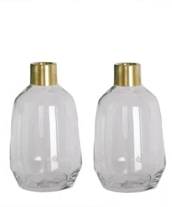 HIER_4810 Pack Of 2 | 8" Clear Glass Flower Vase With Gold Metal Top, Decorative Glass Jars Chargers & Centerpieces 20 HIER_4810 Pack Of 2 | 8