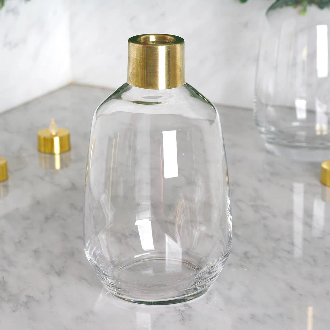 HIER_4810 Pack Of 2 | 8" Clear Glass Flower Vase With Gold Metal Top, Decorative Glass Jars Chargers & Centerpieces 9 HIER_4810 Pack Of 2 | 8" Clear Glass Flower Vase With Gold Metal Top, Decorative Glass Jars Chargers & Centerpieces