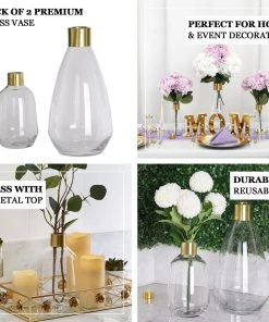 HIER_4810 Pack Of 2 | 8" Clear Glass Flower Vase With Gold Metal Top, Decorative Glass Jars Chargers & Centerpieces 14 HIER_4810 Pack Of 2 | 8