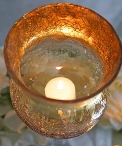 HIER_4320 Chargers & Centerpieces Set Of 3 | Hurricane Long Stem Gold Foil Crackle Glass Vases Candle Holder Set - 16"/14"/12"