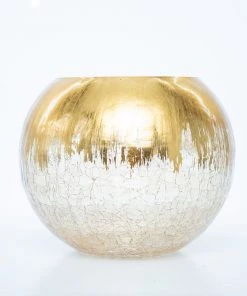 HIER_4810 6" Gold Foiled Crackle Glass Flower Vase, Bubble Vase Chargers & Centerpieces