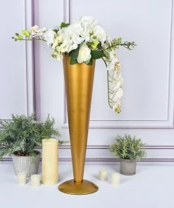 HIER_4820 Glass & Metal Floral Vases 24" Tall Brushed Gold Metal Trumpet Flower Vase Wedding Centerpiece