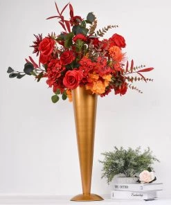 HIER_4820 Glass & Metal Floral Vases 24" Tall Brushed Gold Metal Trumpet Flower Vase Wedding Centerpiece