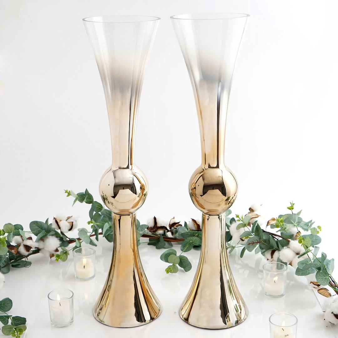 HIER_4810 2 Pack | 24" Chrome Gold Ombre Glass Reversible Latour Trumpet Vase 2 HIER_4810 2 Pack | 24" Chrome Gold Ombre Glass Reversible Latour Trumpet Vase