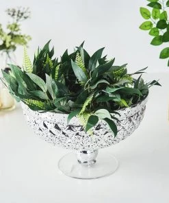 HIER_4810 12" Silver Mercury Glass Compote Vase, Pedestal Bowl Centerpiece