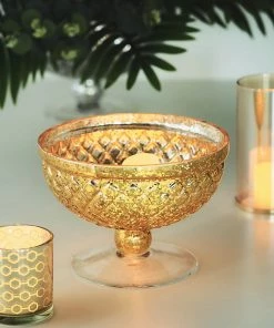 HIER_4810 8" Gold Mercury Glass Compote Vase, Pedestal Bowl Centerpiece Chargers & Centerpieces
