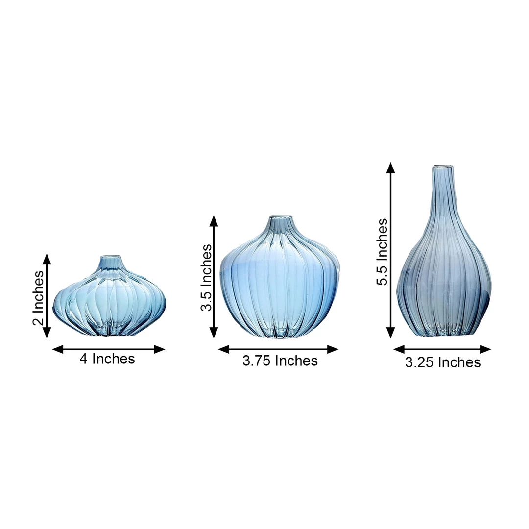 HIER_4810 Chargers & Centerpieces Set Of 3 | Blue Glass Flower Bud Vases, Table Centerpiece Taper Candle Holders - Ribbed Design - Assorted Sizes 3 HIER_4810 Chargers & Centerpieces Set Of 3 | Blue Glass Flower Bud Vases, Table Centerpiece Taper Candle Holders - Ribbed Design - Assorted Sizes
