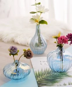 HIER_4810 Chargers & Centerpieces Set Of 3 | Blue Glass Flower Bud Vases, Table Centerpiece Taper Candle Holders - Ribbed Design - Assorted Sizes