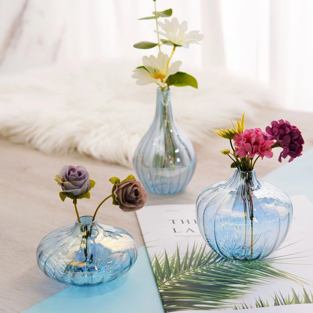 HIER_4810 Chargers & Centerpieces Set Of 3 | Blue Glass Flower Bud Vases, Table Centerpiece Taper Candle Holders - Ribbed Design - Assorted Sizes 2 HIER_4810 Chargers & Centerpieces Set Of 3 | Blue Glass Flower Bud Vases, Table Centerpiece Taper Candle Holders - Ribbed Design - Assorted Sizes