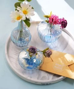 HIER_4810 Chargers & Centerpieces Set Of 3 | Blue Glass Flower Bud Vases, Table Centerpiece Taper Candle Holders - Ribbed Design - Assorted Sizes 20 HIER_4810 Chargers & Centerpieces Set Of 3 | Blue Glass Flower Bud Vases, Table Centerpiece Taper Candle Holders - Ribbed Design - Assorted Sizes