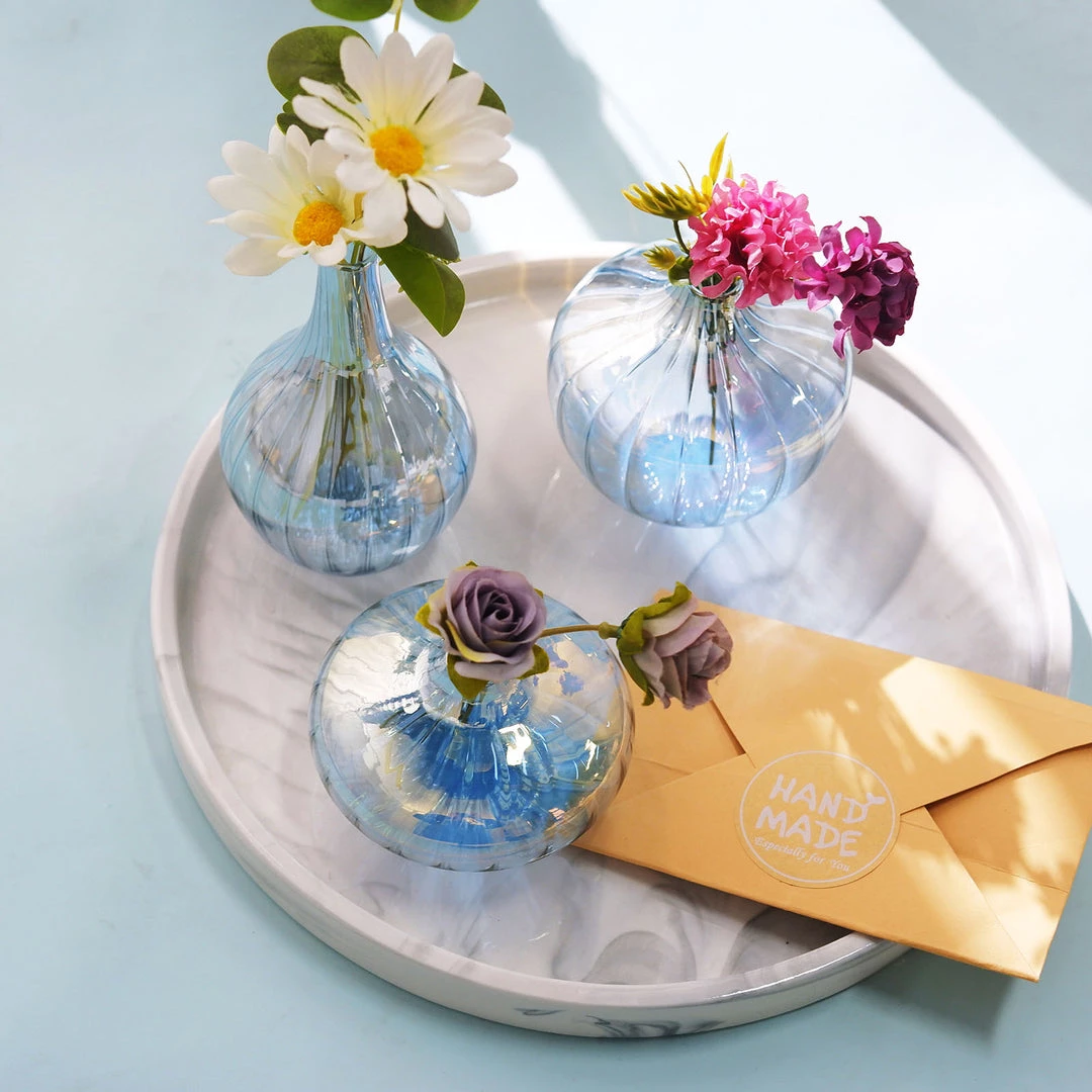 HIER_4810 Chargers & Centerpieces Set Of 3 | Blue Glass Flower Bud Vases, Table Centerpiece Taper Candle Holders - Ribbed Design - Assorted Sizes 8 HIER_4810 Chargers & Centerpieces Set Of 3 | Blue Glass Flower Bud Vases, Table Centerpiece Taper Candle Holders - Ribbed Design - Assorted Sizes