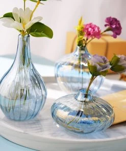 HIER_4810 Chargers & Centerpieces Set Of 3 | Blue Glass Flower Bud Vases, Table Centerpiece Taper Candle Holders - Ribbed Design - Assorted Sizes 21 HIER_4810 Chargers & Centerpieces Set Of 3 | Blue Glass Flower Bud Vases, Table Centerpiece Taper Candle Holders - Ribbed Design - Assorted Sizes