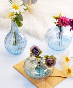 HIER_4810 Chargers & Centerpieces Set Of 3 | Blue Glass Flower Bud Vases, Table Centerpiece Taper Candle Holders - Ribbed Design - Assorted Sizes 22 HIER_4810 Chargers & Centerpieces Set Of 3 | Blue Glass Flower Bud Vases, Table Centerpiece Taper Candle Holders - Ribbed Design - Assorted Sizes