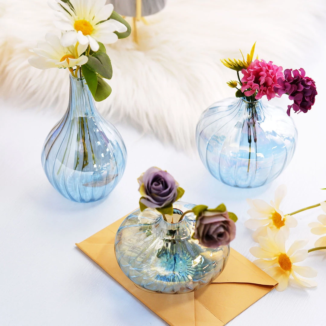 HIER_4810 Chargers & Centerpieces Set Of 3 | Blue Glass Flower Bud Vases, Table Centerpiece Taper Candle Holders - Ribbed Design - Assorted Sizes 10 HIER_4810 Chargers & Centerpieces Set Of 3 | Blue Glass Flower Bud Vases, Table Centerpiece Taper Candle Holders - Ribbed Design - Assorted Sizes