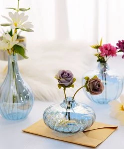 HIER_4810 Chargers & Centerpieces Set Of 3 | Blue Glass Flower Bud Vases, Table Centerpiece Taper Candle Holders - Ribbed Design - Assorted Sizes