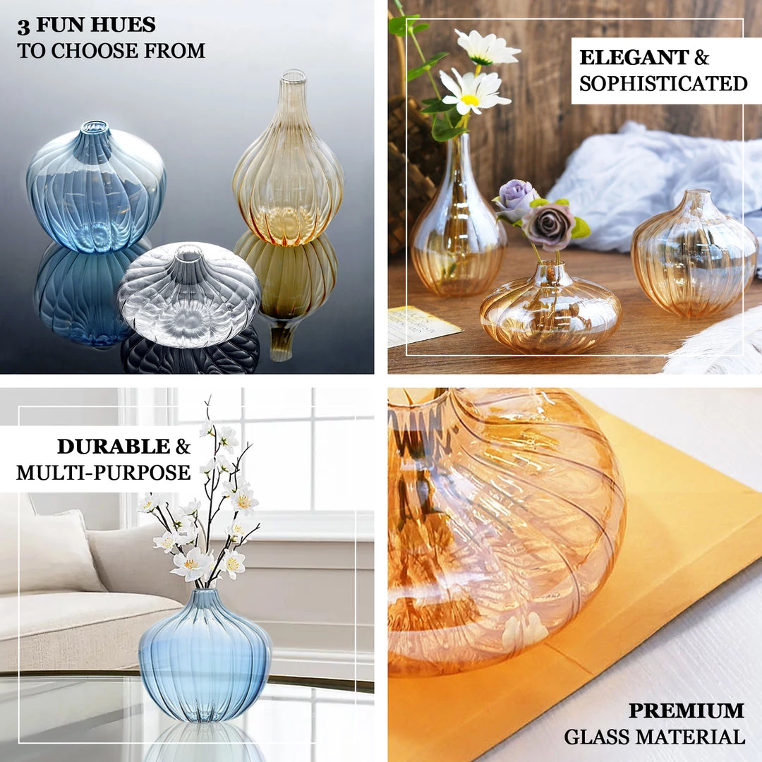 HIER_4810 Chargers & Centerpieces Set Of 3 | Blue Glass Flower Bud Vases, Table Centerpiece Taper Candle Holders - Ribbed Design - Assorted Sizes 4 HIER_4810 Chargers & Centerpieces Set Of 3 | Blue Glass Flower Bud Vases, Table Centerpiece Taper Candle Holders - Ribbed Design - Assorted Sizes