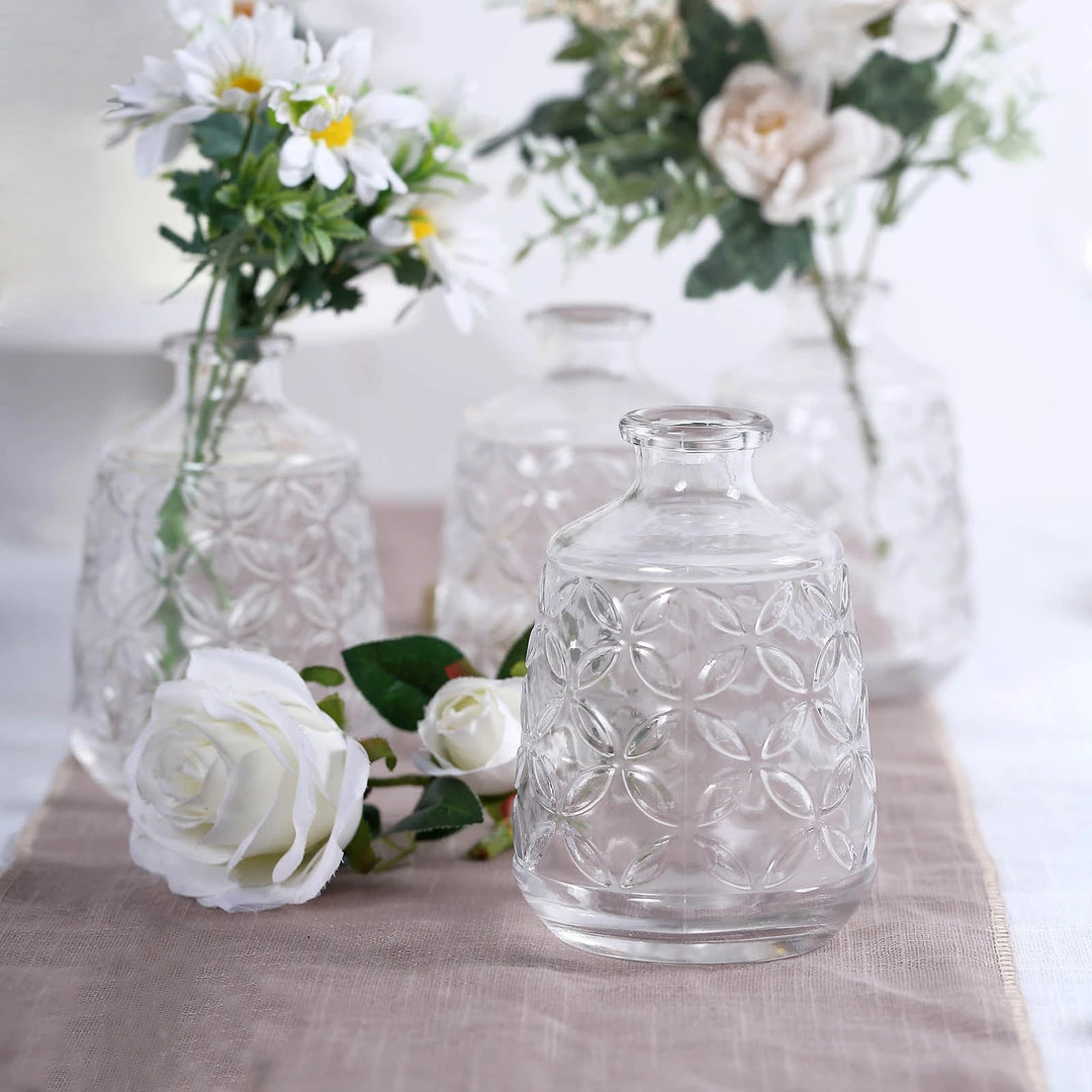 HIER_4810 4 Pack | 6" Embossed Glass Bud Vases, Transparent Glass Floral Vase - Clear 7 HIER_4810 4 Pack | 6" Embossed Glass Bud Vases, Transparent Glass Floral Vase - Clear