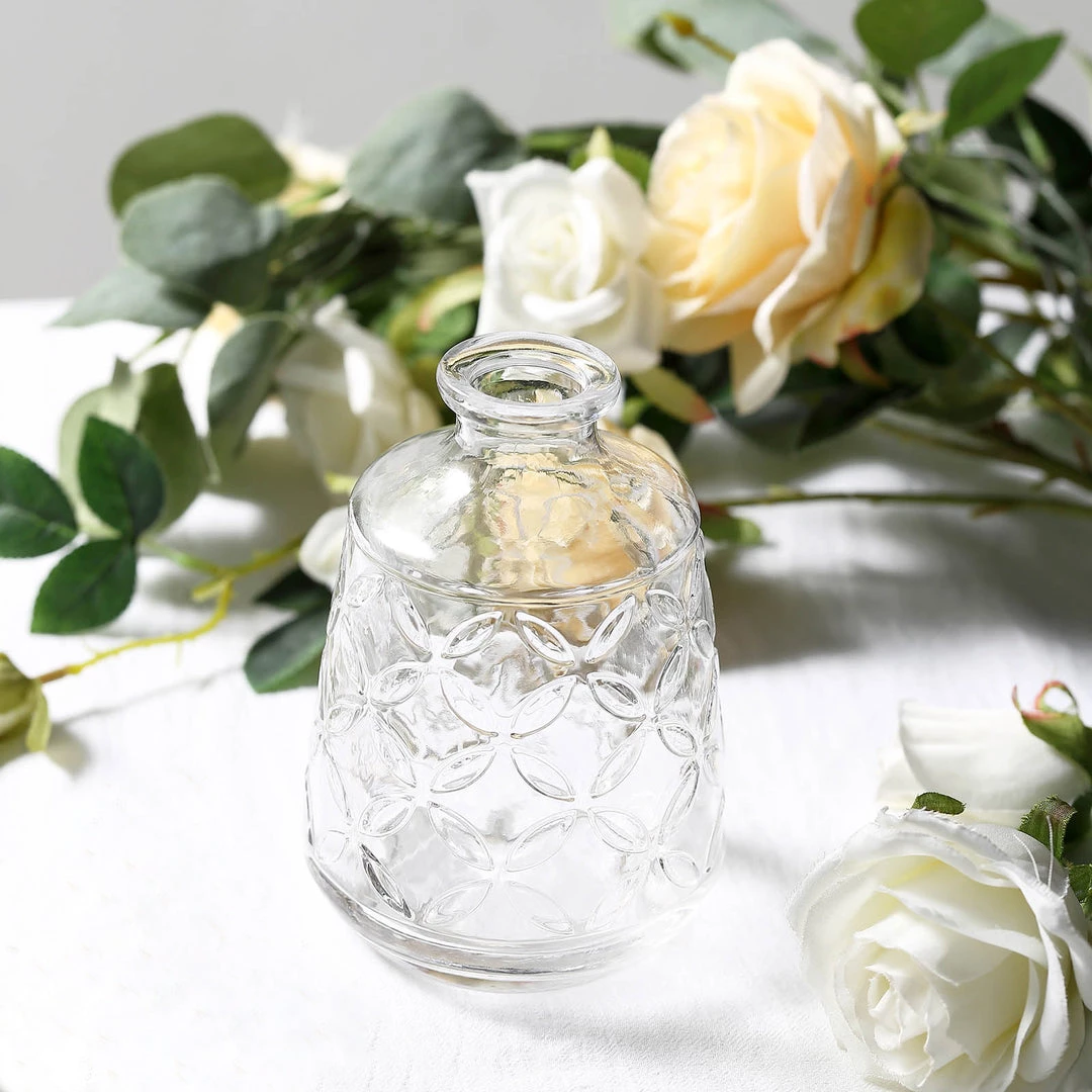HIER_4810 4 Pack | 6" Embossed Glass Bud Vases, Transparent Glass Floral Vase - Clear 8 HIER_4810 4 Pack | 6" Embossed Glass Bud Vases, Transparent Glass Floral Vase - Clear