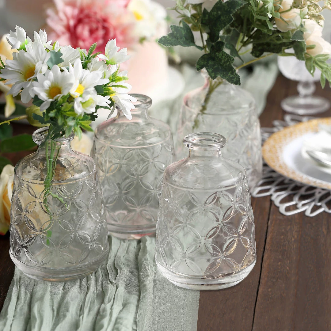 HIER_4810 4 Pack | 6" Embossed Glass Bud Vases, Transparent Glass Floral Vase - Clear 10 HIER_4810 4 Pack | 6" Embossed Glass Bud Vases, Transparent Glass Floral Vase - Clear