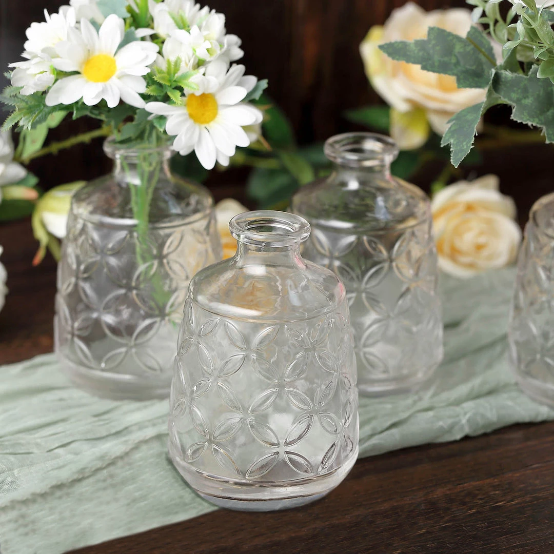HIER_4810 4 Pack | 6" Embossed Glass Bud Vases, Transparent Glass Floral Vase - Clear 11 HIER_4810 4 Pack | 6" Embossed Glass Bud Vases, Transparent Glass Floral Vase - Clear