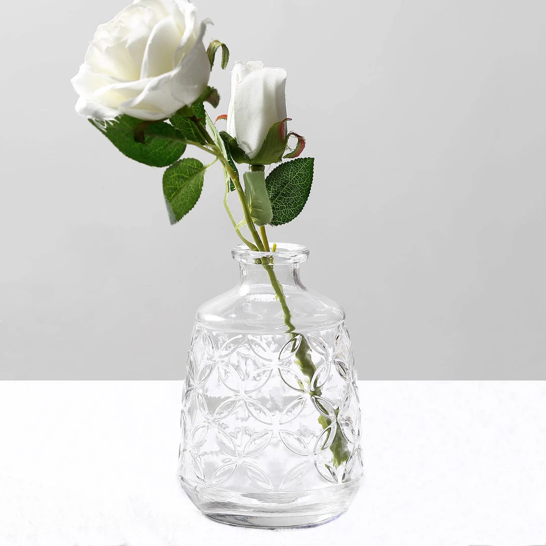 HIER_4810 4 Pack | 6" Embossed Glass Bud Vases, Transparent Glass Floral Vase - Clear 12 HIER_4810 4 Pack | 6" Embossed Glass Bud Vases, Transparent Glass Floral Vase - Clear