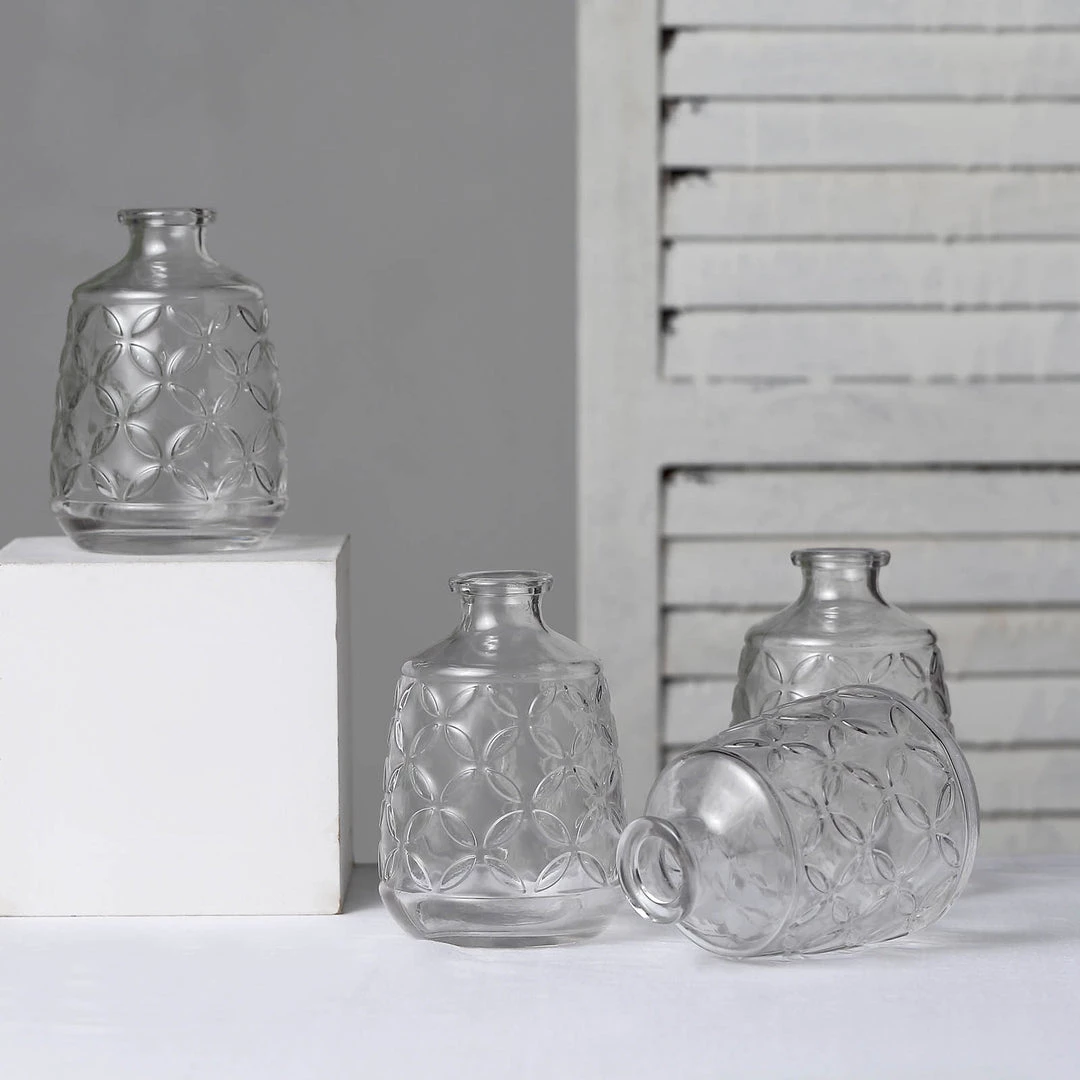 HIER_4810 4 Pack | 6" Embossed Glass Bud Vases, Transparent Glass Floral Vase - Clear 5 HIER_4810 4 Pack | 6" Embossed Glass Bud Vases, Transparent Glass Floral Vase - Clear