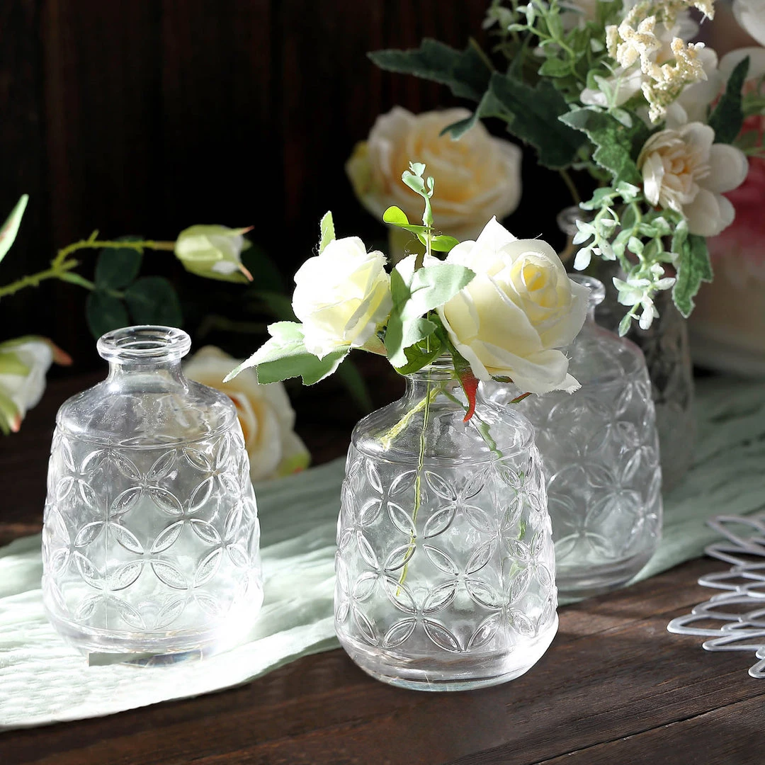 HIER_4810 4 Pack | 6" Embossed Glass Bud Vases, Transparent Glass Floral Vase - Clear 1 HIER_4810 4 Pack | 6" Embossed Glass Bud Vases, Transparent Glass Floral Vase - Clear