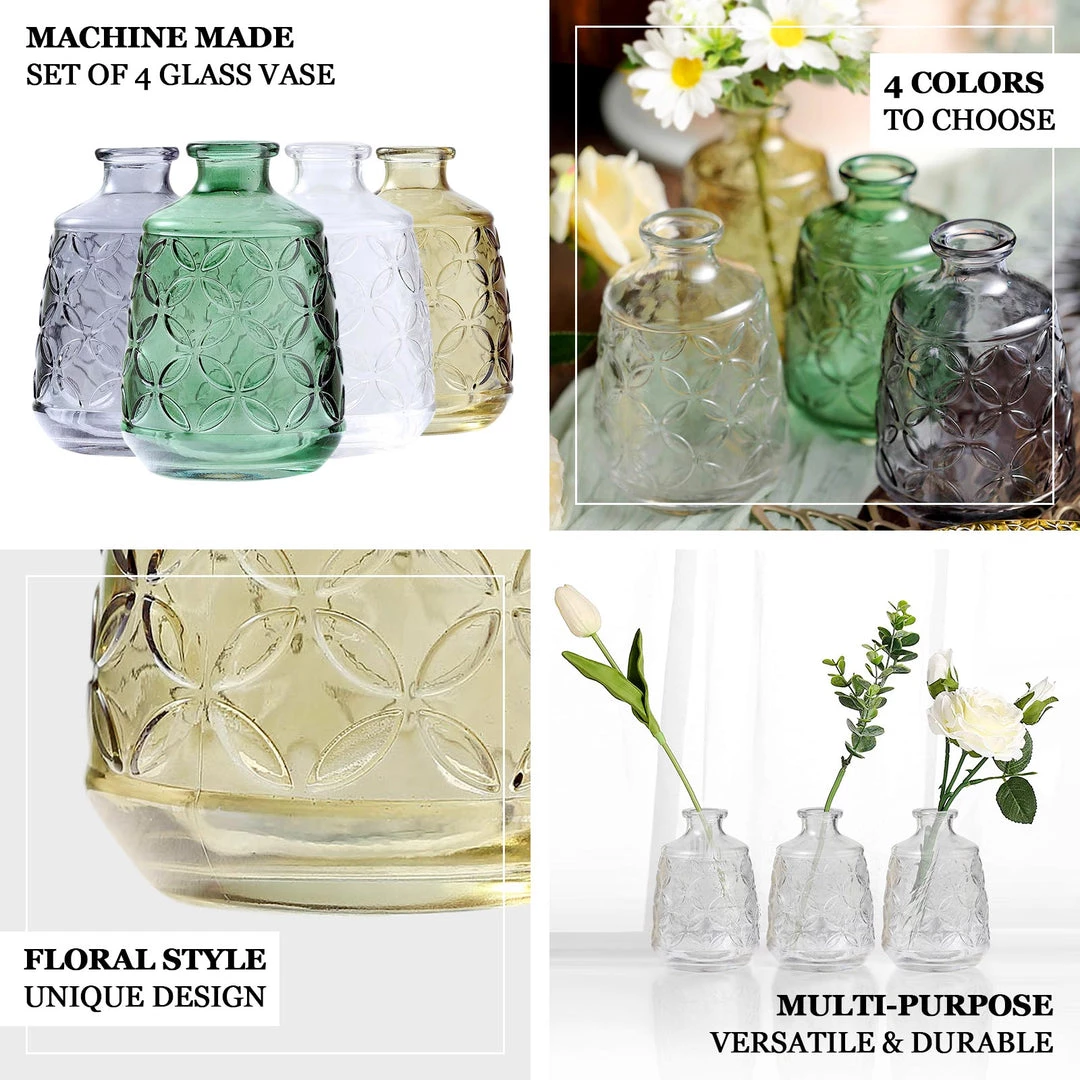 HIER_4810 4 Pack | 6" Embossed Glass Bud Vases, Transparent Glass Floral Vase - Clear 4 HIER_4810 4 Pack | 6" Embossed Glass Bud Vases, Transparent Glass Floral Vase - Clear