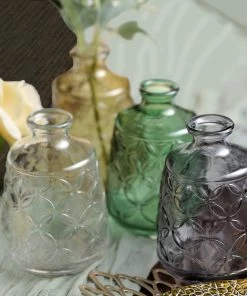 HIER_4810 4 Pack | 6" Embossed Glass Bud Vases, Transparent Glass Floral Vase - Assorted Colors