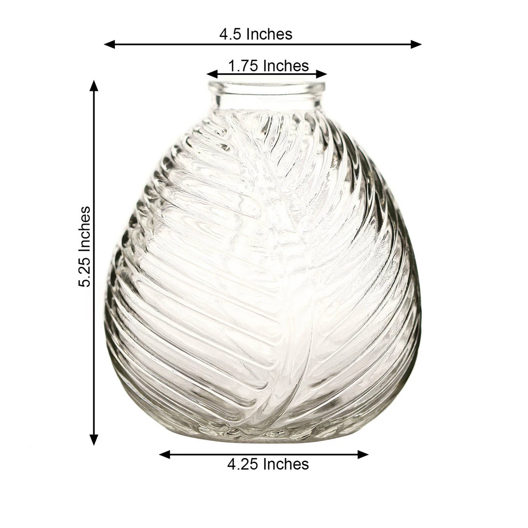 HIER_4810 4 Pack | 5" Embossed Glass Bud Vases, Round Embossed Leaf Flower Vases - Clear 6 HIER_4810 4 Pack | 5" Embossed Glass Bud Vases, Round Embossed Leaf Flower Vases - Clear