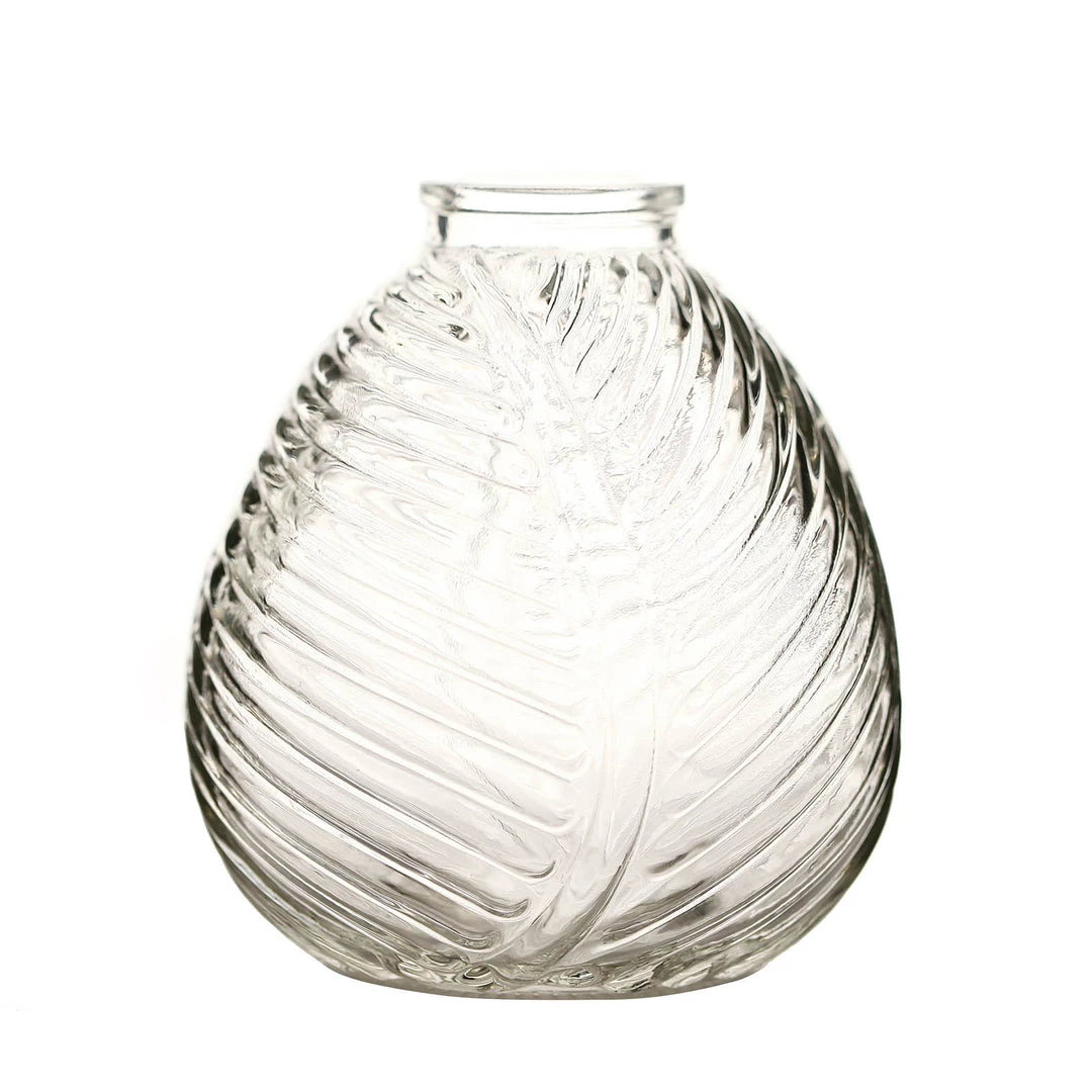 HIER_4810 4 Pack | 5" Embossed Glass Bud Vases, Round Embossed Leaf Flower Vases - Clear 3 HIER_4810 4 Pack | 5" Embossed Glass Bud Vases, Round Embossed Leaf Flower Vases - Clear