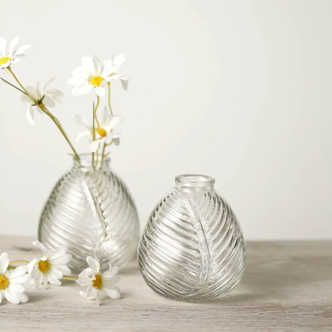 HIER_4810 4 Pack | 5" Embossed Glass Bud Vases, Round Embossed Leaf Flower Vases - Clear 2 HIER_4810 4 Pack | 5" Embossed Glass Bud Vases, Round Embossed Leaf Flower Vases - Clear