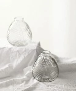 HIER_4810 4 Pack | 5" Embossed Glass Bud Vases, Round Embossed Leaf Flower Vases - Clear 21 HIER_4810 4 Pack | 5