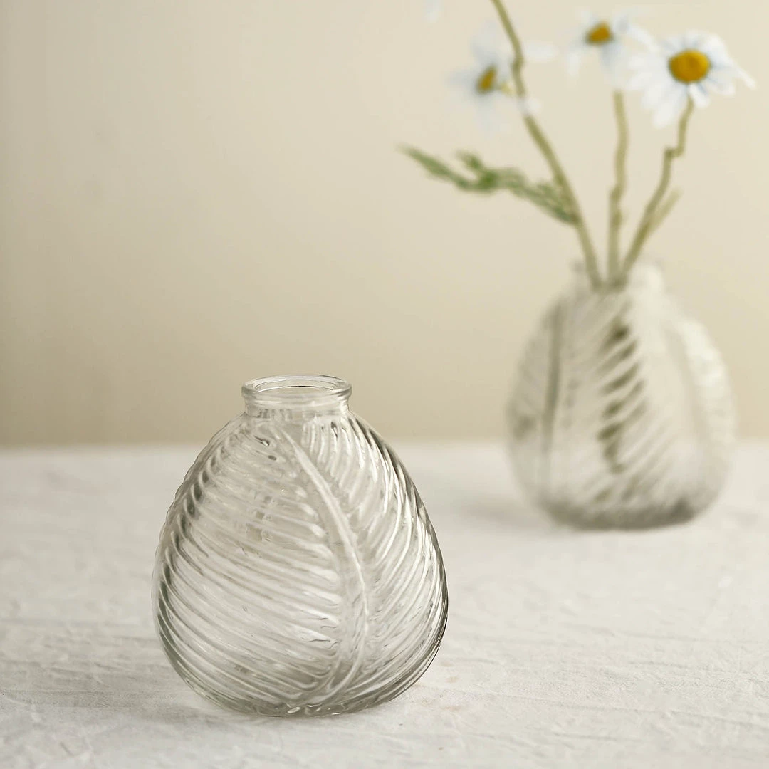 HIER_4810 4 Pack | 5" Embossed Glass Bud Vases, Round Embossed Leaf Flower Vases - Clear 9 HIER_4810 4 Pack | 5" Embossed Glass Bud Vases, Round Embossed Leaf Flower Vases - Clear