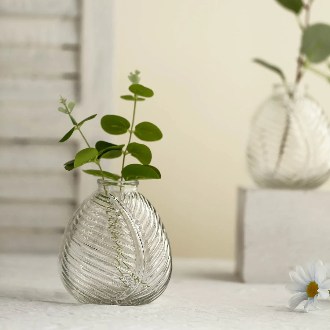 HIER_4810 4 Pack | 5" Embossed Glass Bud Vases, Round Embossed Leaf Flower Vases - Clear 10 HIER_4810 4 Pack | 5" Embossed Glass Bud Vases, Round Embossed Leaf Flower Vases - Clear