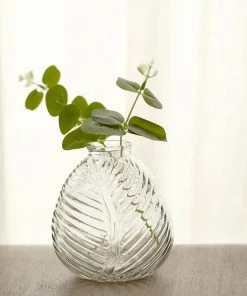 HIER_4810 4 Pack | 5" Embossed Glass Bud Vases, Round Embossed Leaf Flower Vases - Clear 24 HIER_4810 4 Pack | 5