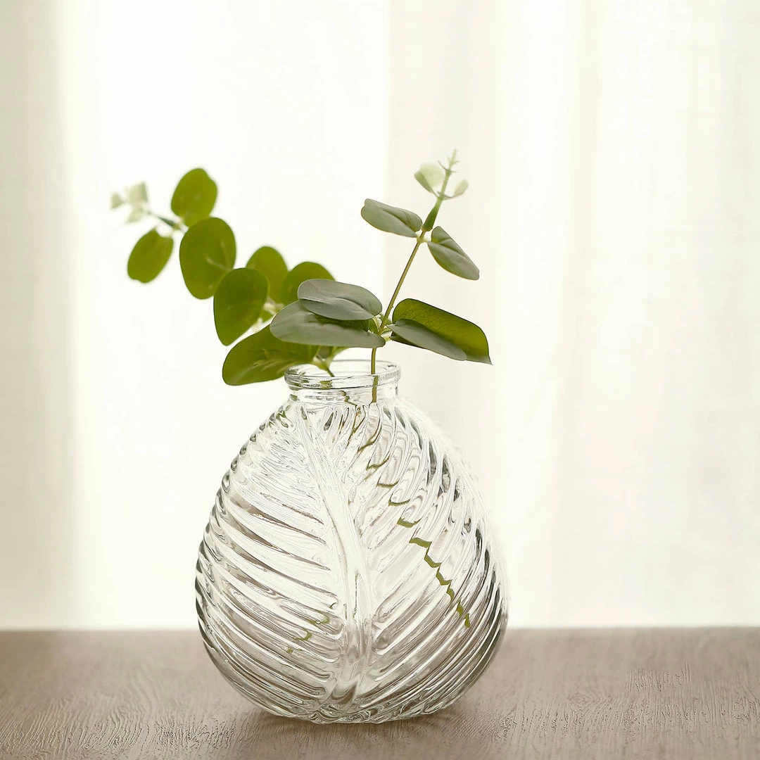 HIER_4810 4 Pack | 5" Embossed Glass Bud Vases, Round Embossed Leaf Flower Vases - Clear 11 HIER_4810 4 Pack | 5" Embossed Glass Bud Vases, Round Embossed Leaf Flower Vases - Clear