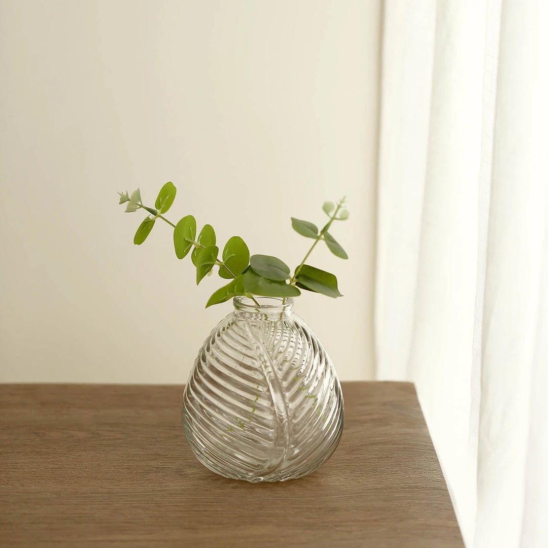 HIER_4810 4 Pack | 5" Embossed Glass Bud Vases, Round Embossed Leaf Flower Vases - Clear 12 HIER_4810 4 Pack | 5" Embossed Glass Bud Vases, Round Embossed Leaf Flower Vases - Clear